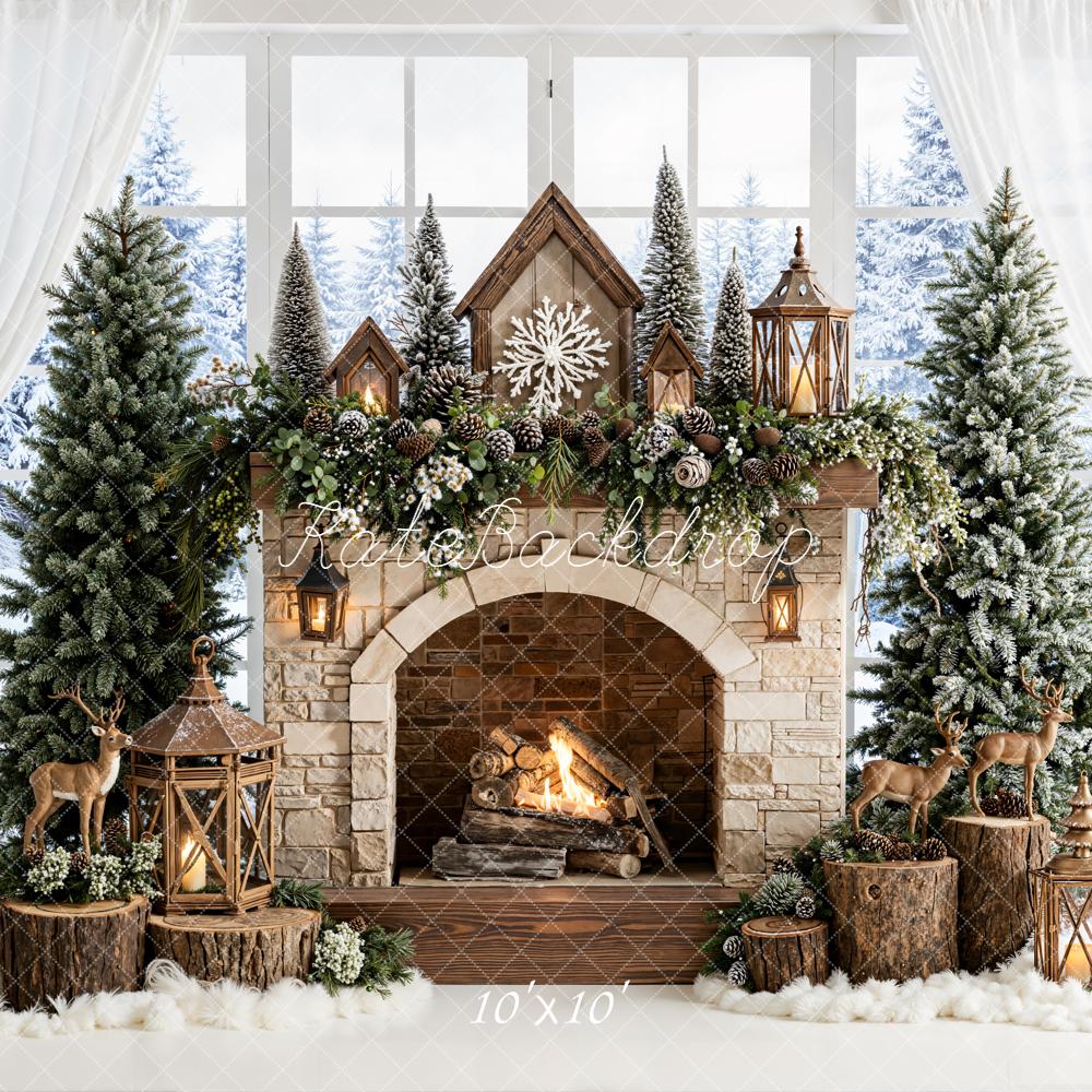 Kate Christmas Fireplace Pine Trees Backdrop Designed by Emetselch