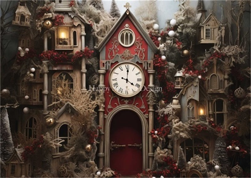 Kate Christmas Clock House Red Vintage Backdrop Designed by Happy Squirrel Design