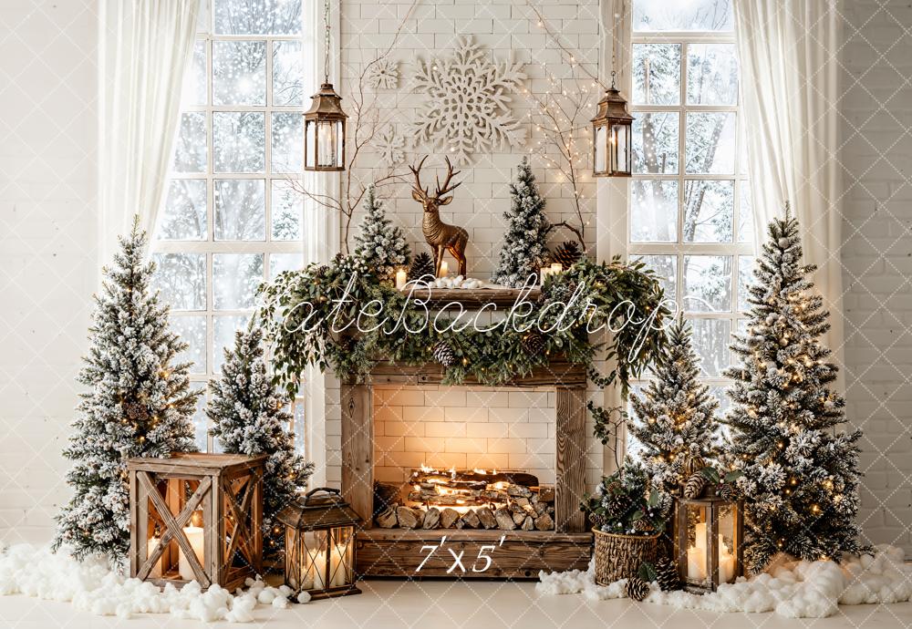 Kate Christmas Fireplace Reindeer Snowy Trees Backdrop Designed by Emetselch