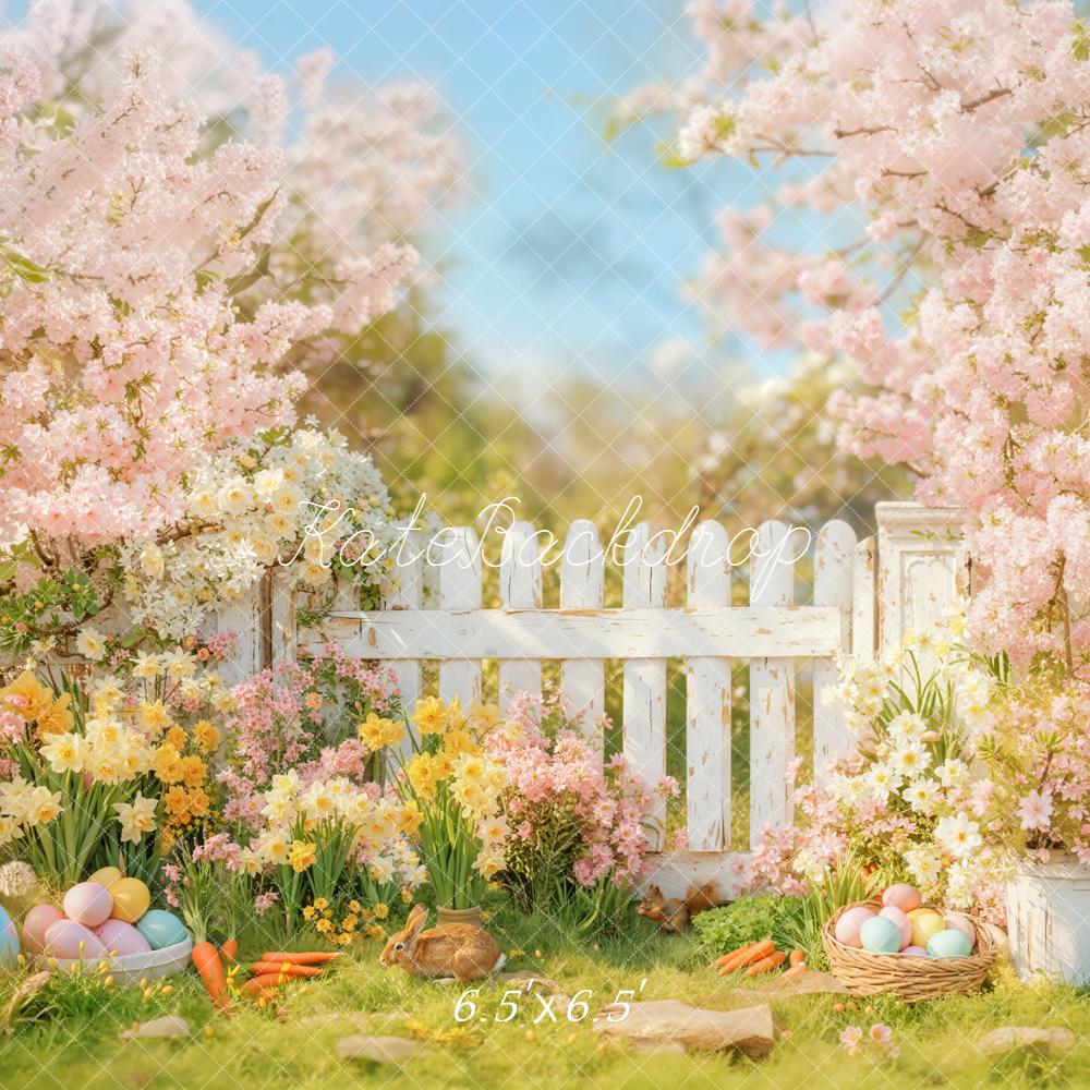 Kate Easter Bunny Flowers White Fence Backdrop Designed by Emetselch