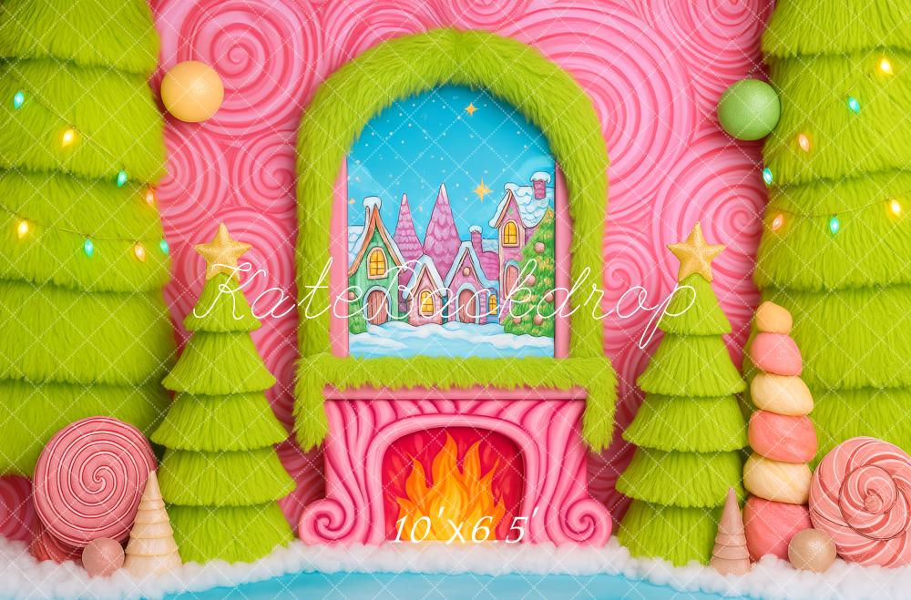 Kate Christmas Candy Fireplace Green Trees Backdrop Designed by Patty Roberts