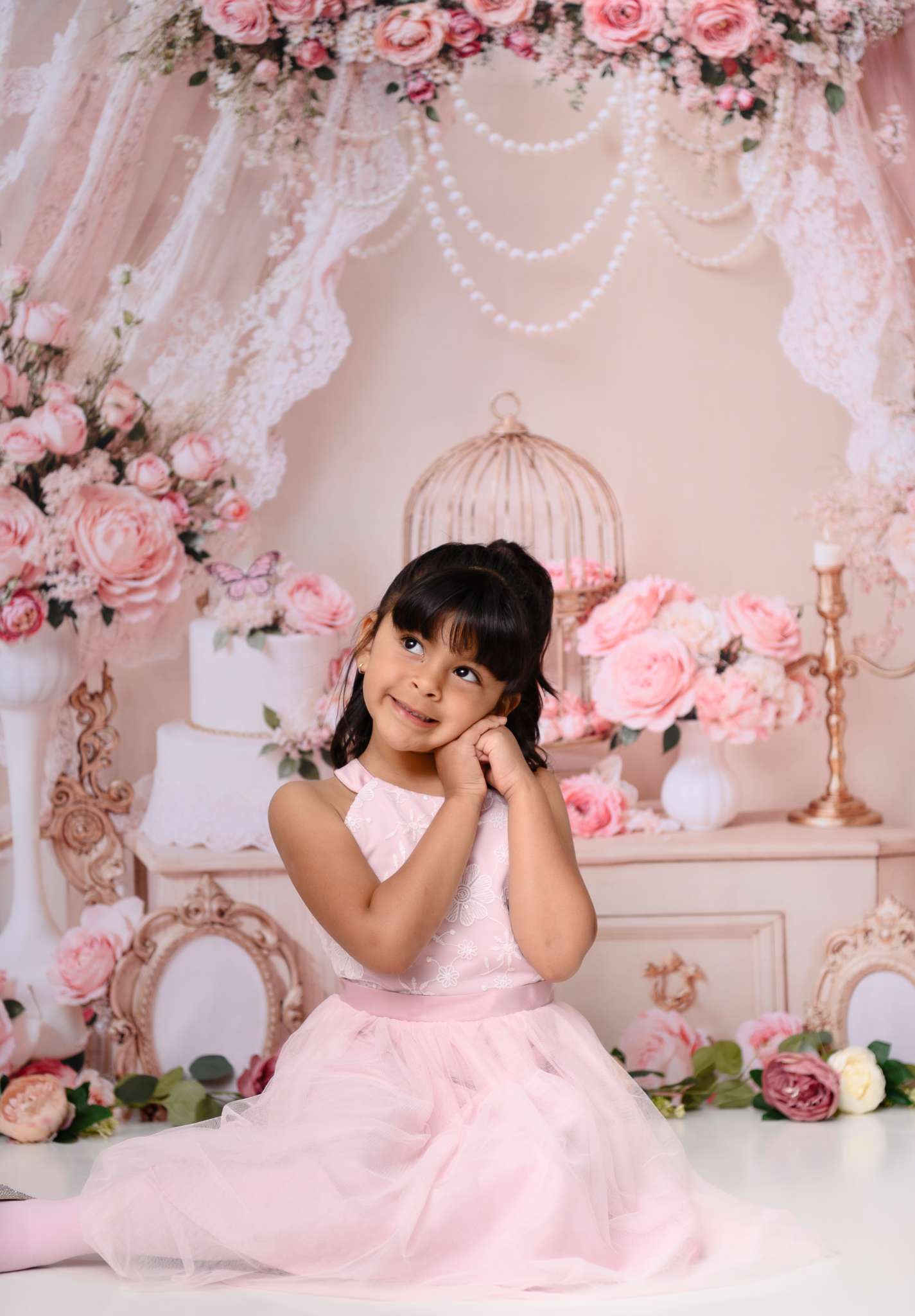 Kate Elegant Pink Floral Lace Birdcage Backdrop Designed by Emetselch