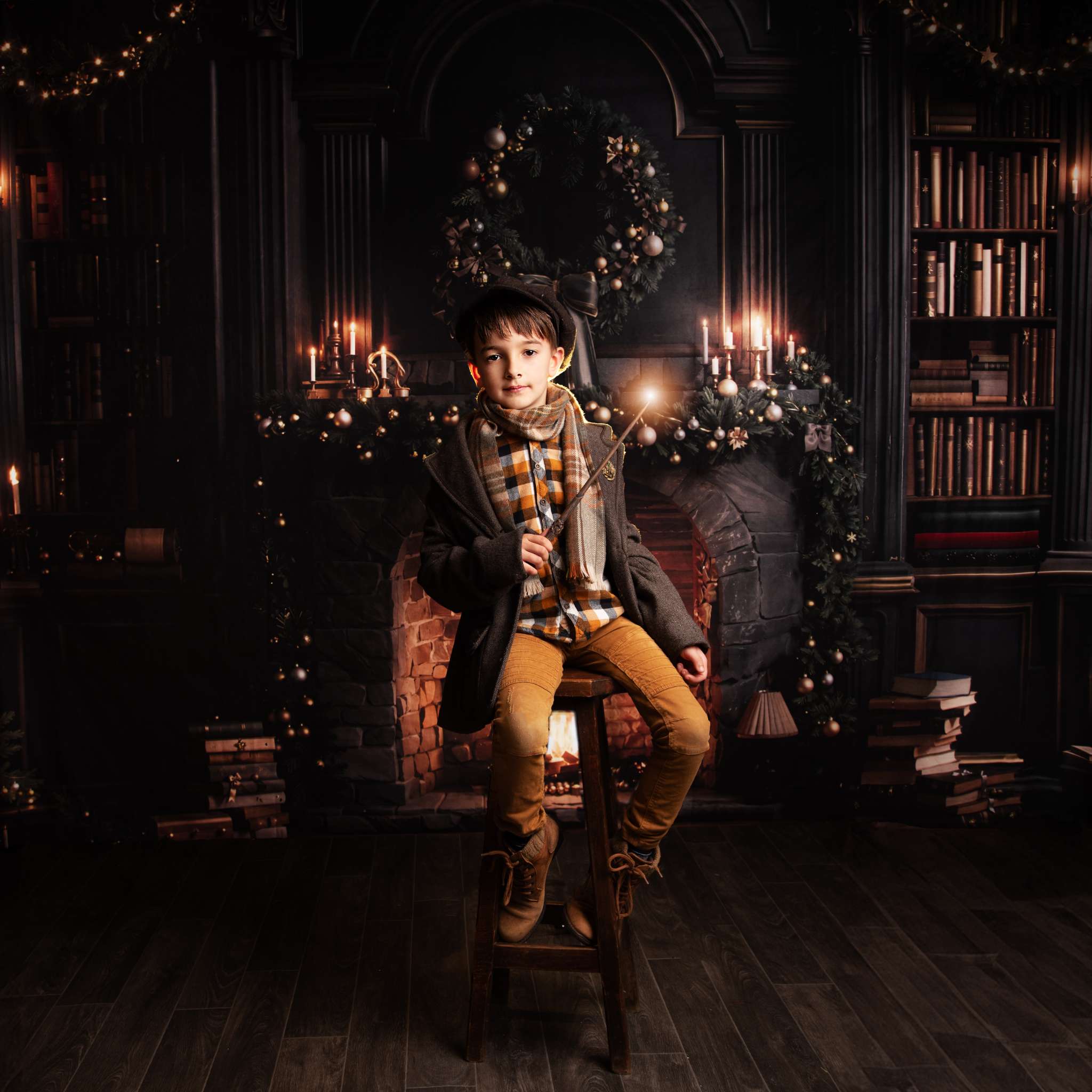 Kate Christmas Fireplace Bookshelves Backdrop Designed by Emetselch