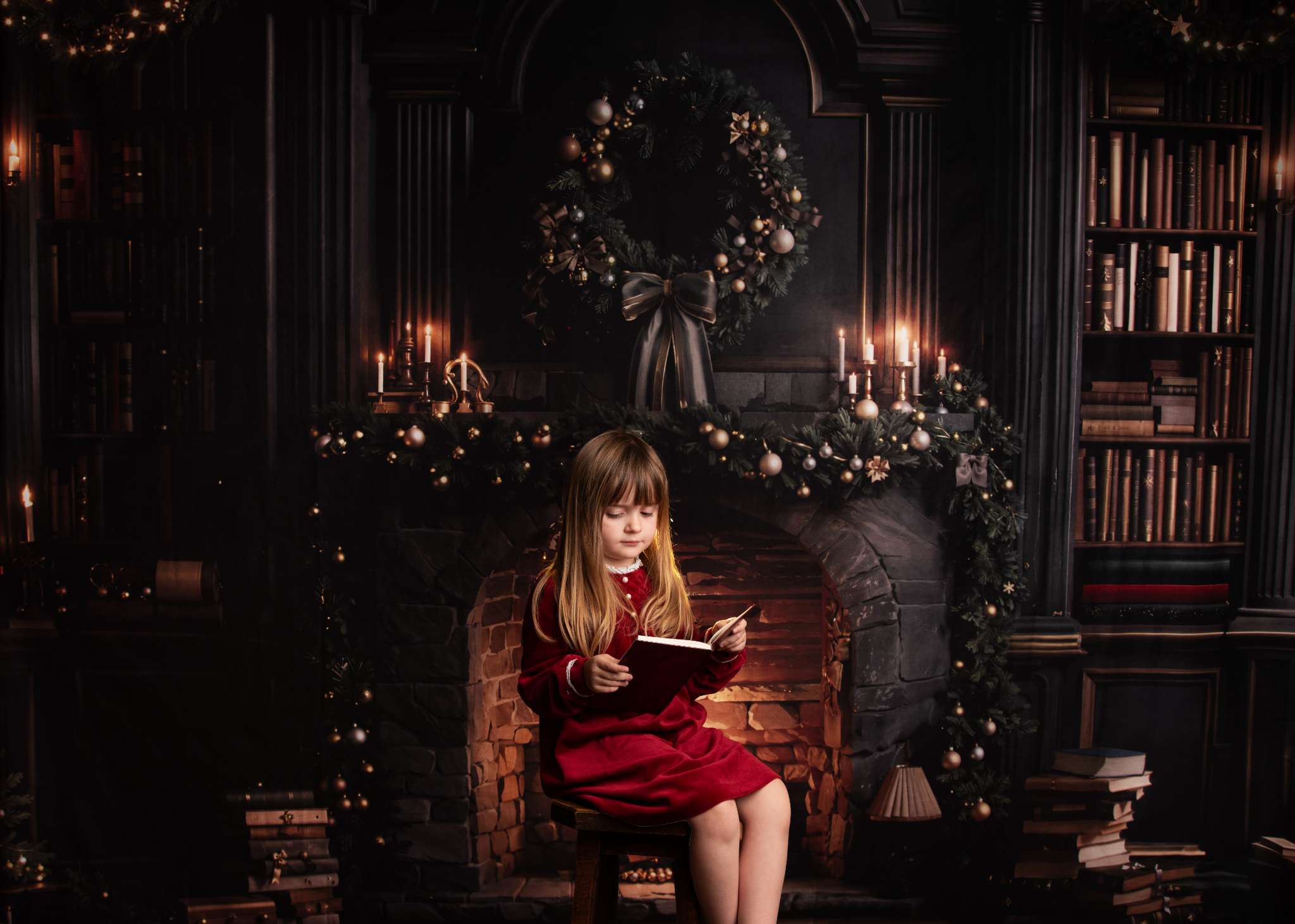 Kate Christmas Fireplace Bookshelves Backdrop Designed by Emetselch