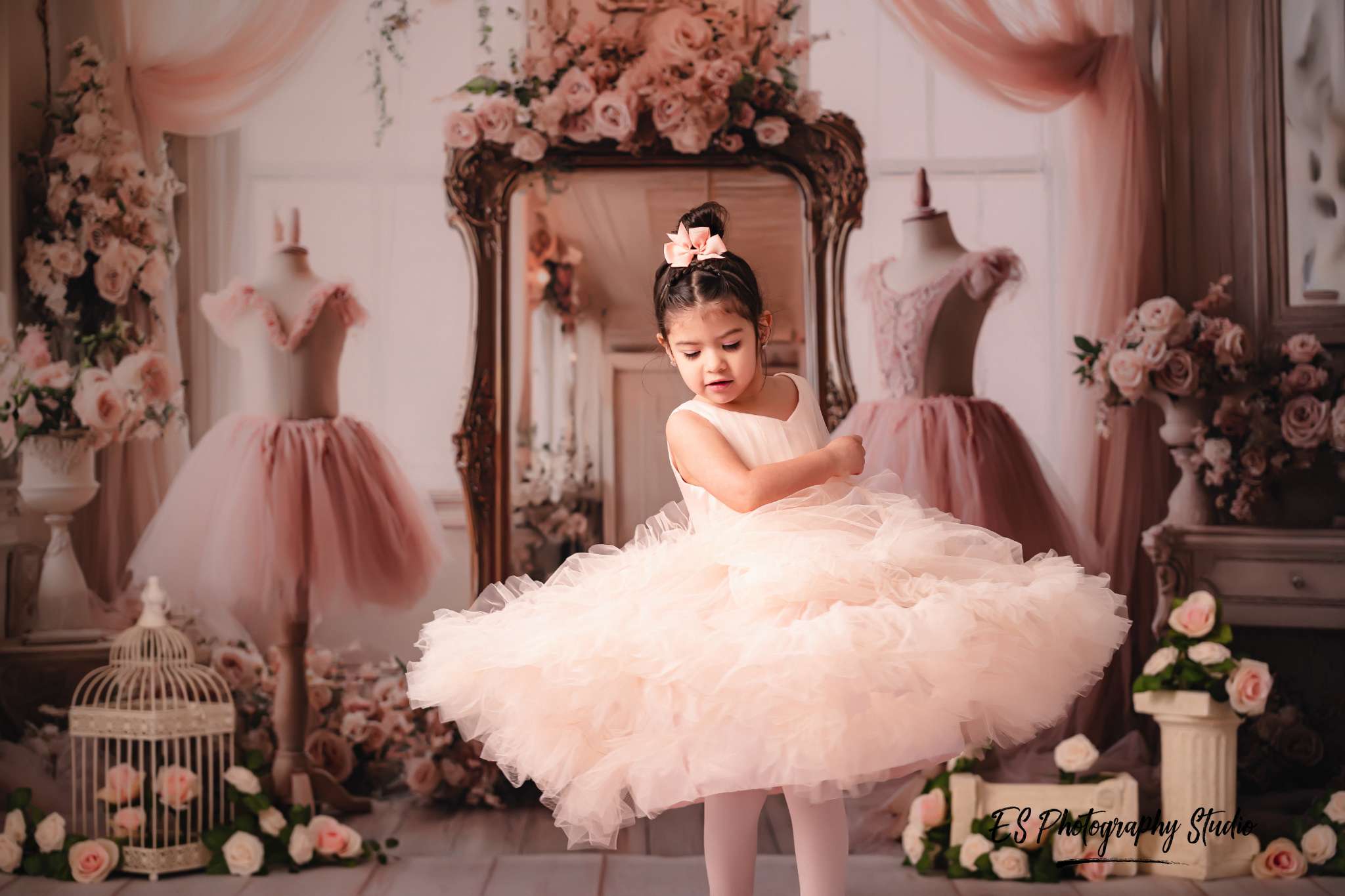 Kate Pink Dresses Flowers Mirror Backdrop Designed by Ashley Paul