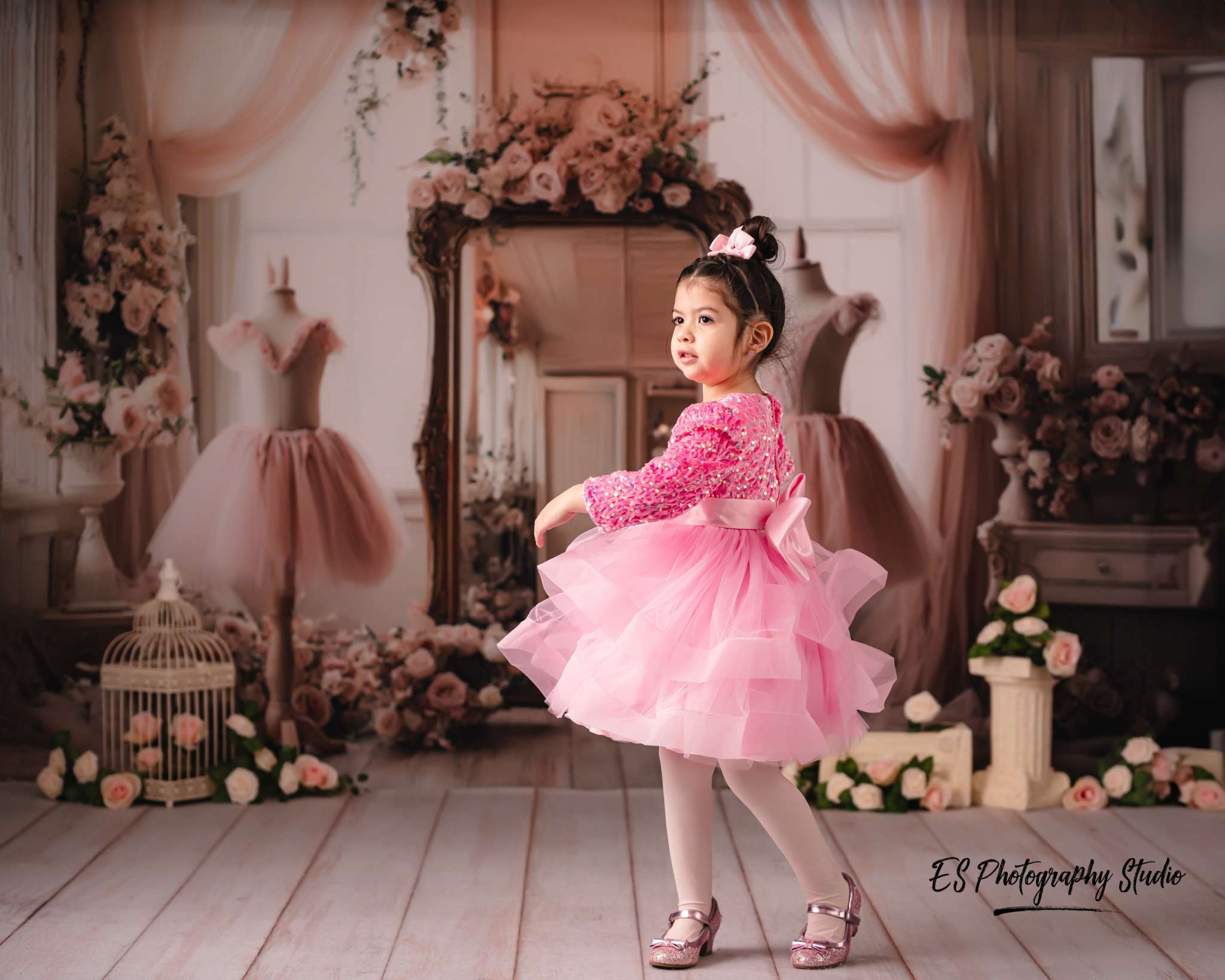 Kate Pink Dresses Flowers Mirror Backdrop Designed by Ashley Paul