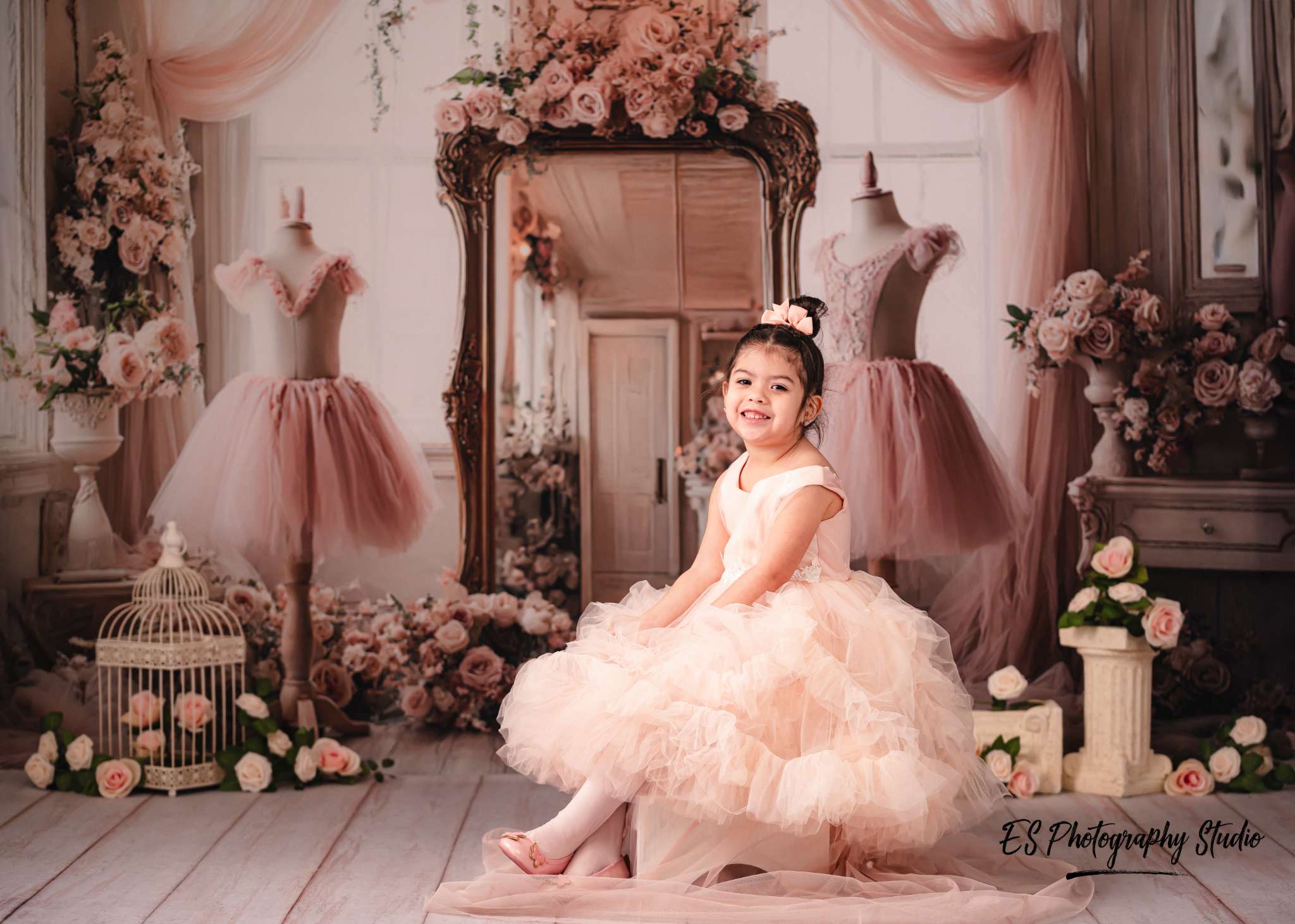 Kate Pink Dresses Flowers Mirror Backdrop Designed by Ashley Paul