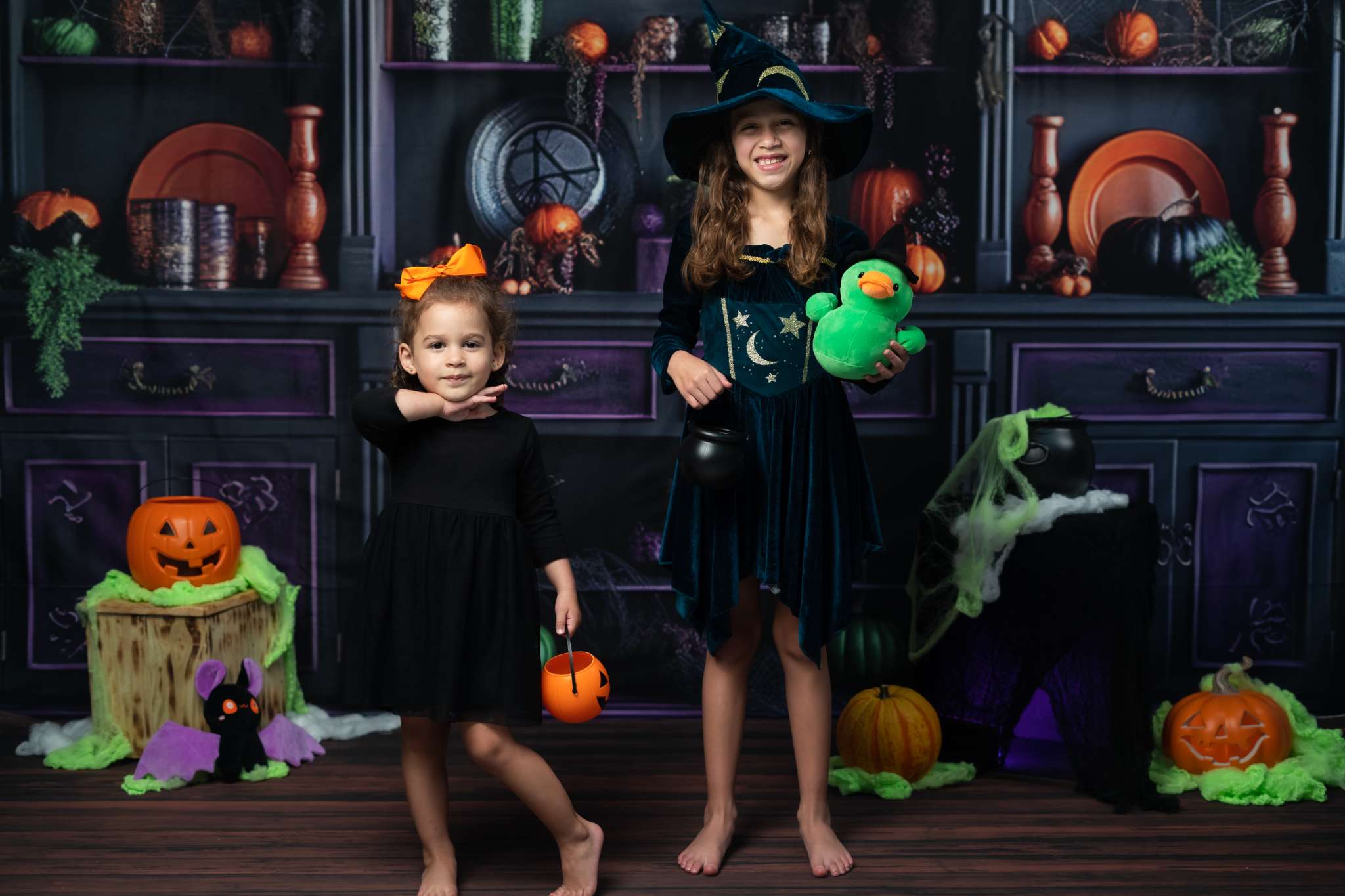 Kate Halloween Cabinet Pumpkins Spider Webs Purple Backdrop Designed by Mandy Ringe - Kate Backdrop AU