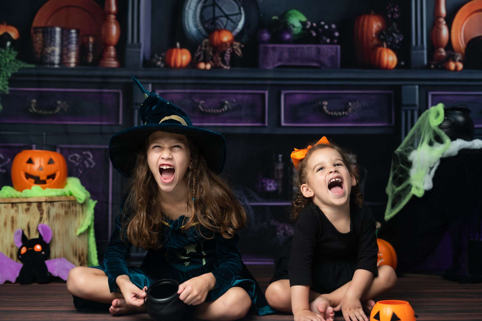 Kate Halloween Cabinet Pumpkins Spider Webs Purple Backdrop Designed by Mandy Ringe - Kate Backdrop AU