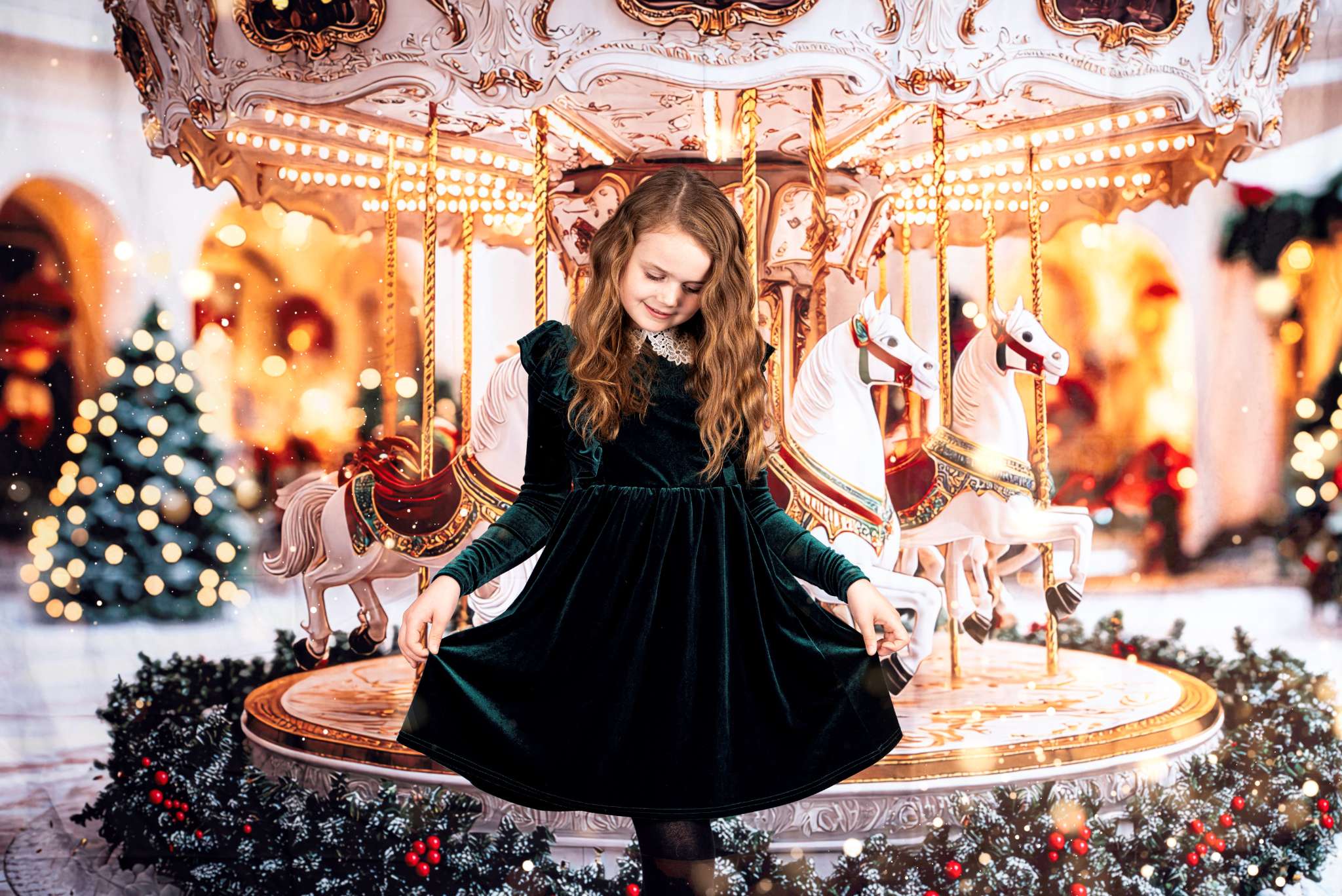 Kate Carousel Horses Christmas Backdrop Designed by Mini MakeBelieve