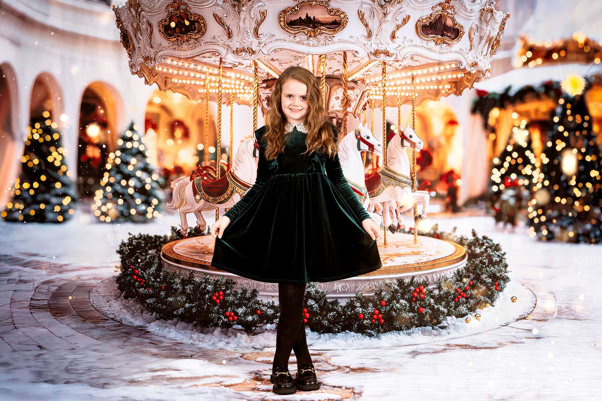 Kate Carousel Horses Christmas Backdrop Designed by Mini MakeBelieve