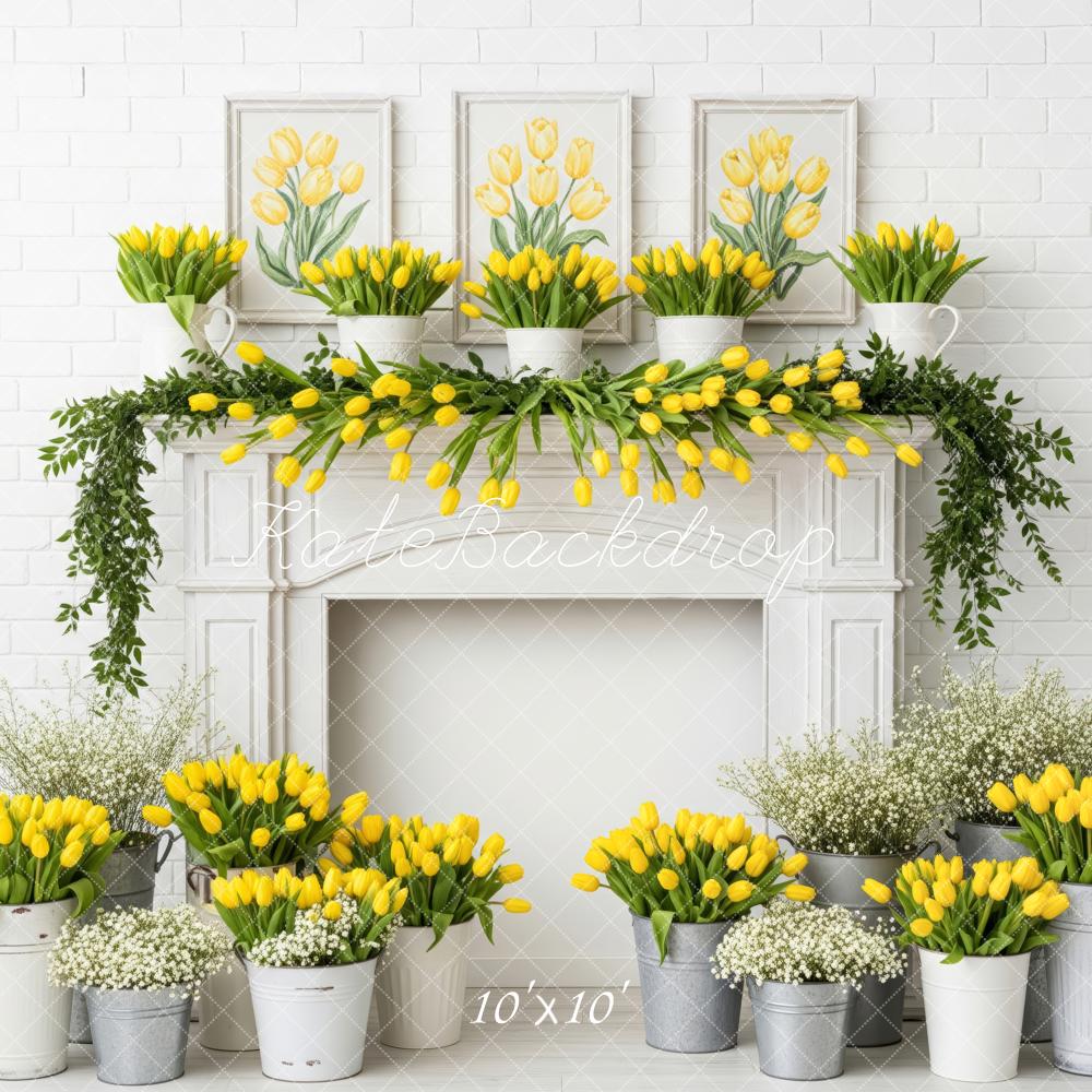 Kate Yellow Tulips White Brick Fireplace Backdrop Designed by Patty Roberts