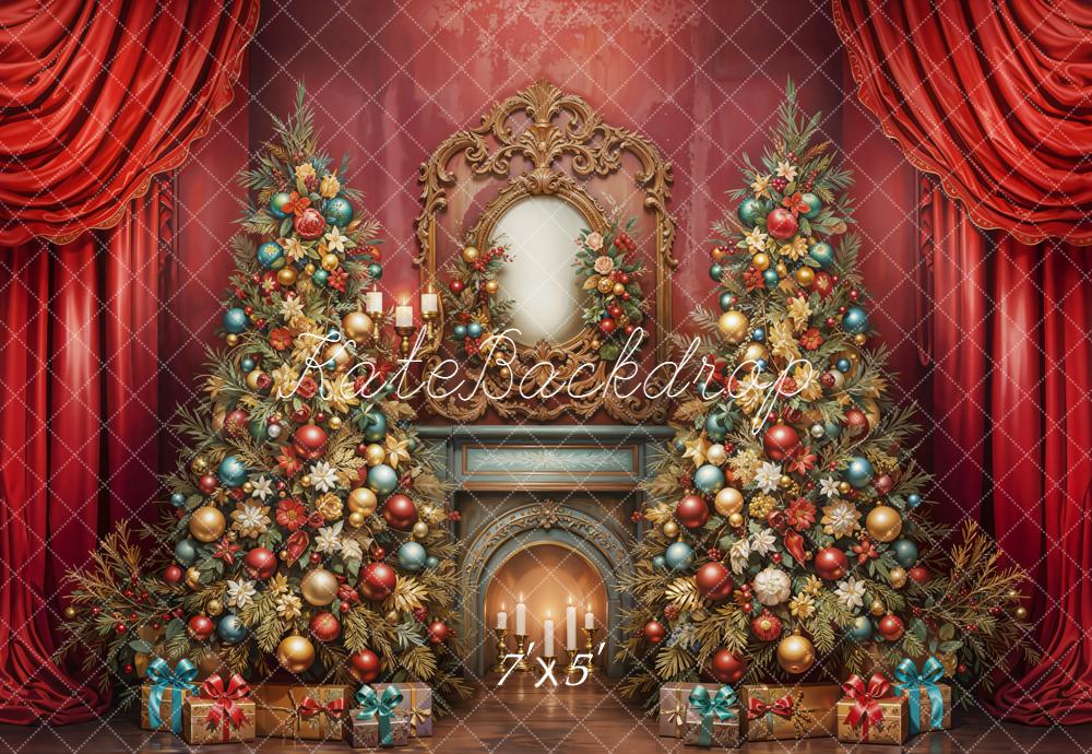 Kate Christmas Tree Fireplace Red Curtains Backdrop Designed by Emetselch - Kate Backdrop AU