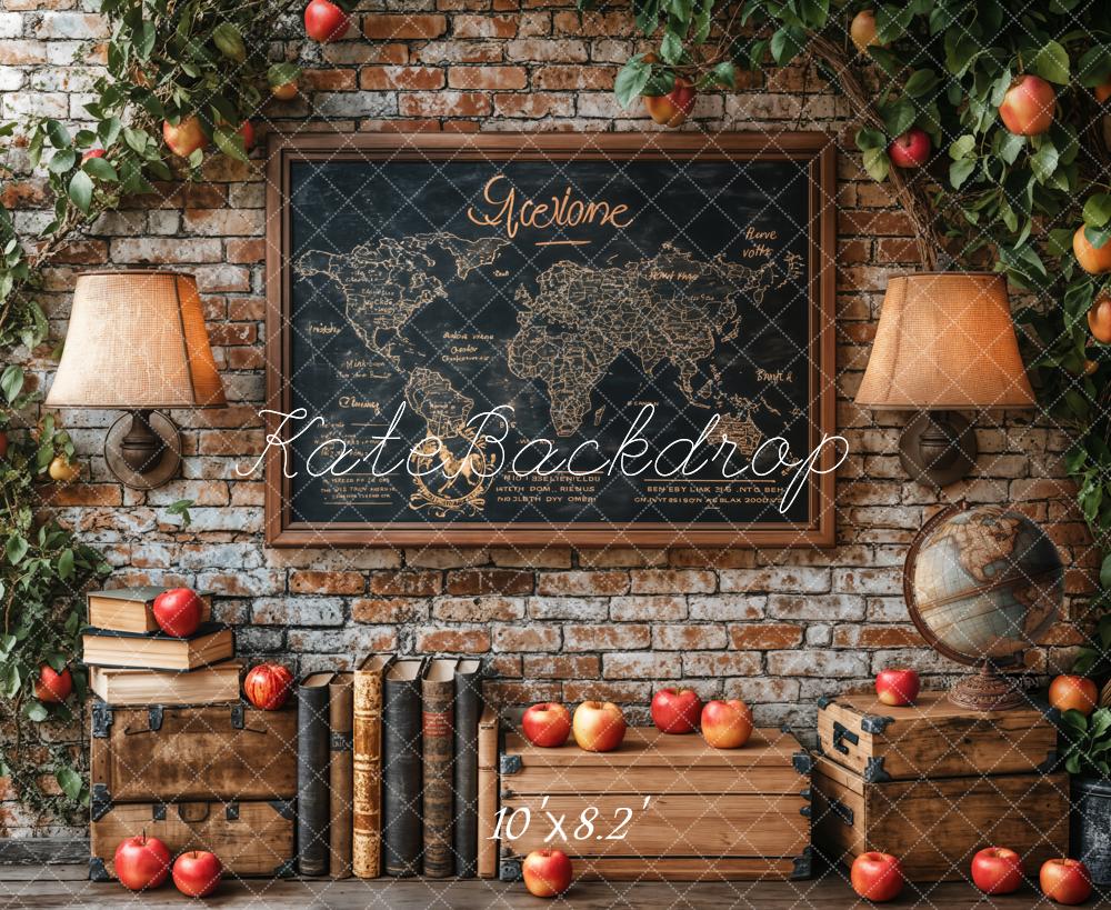Kate Vintage Brick Wall World Map Apples Backdrop Designed by Emetselch - Kate Backdrop AU