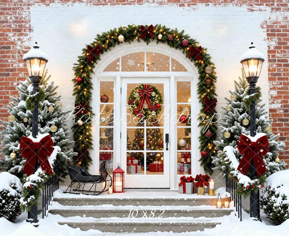 Kate Christmas Porch Snowy Trees Backdrop Designed by Mini MakeBelieve