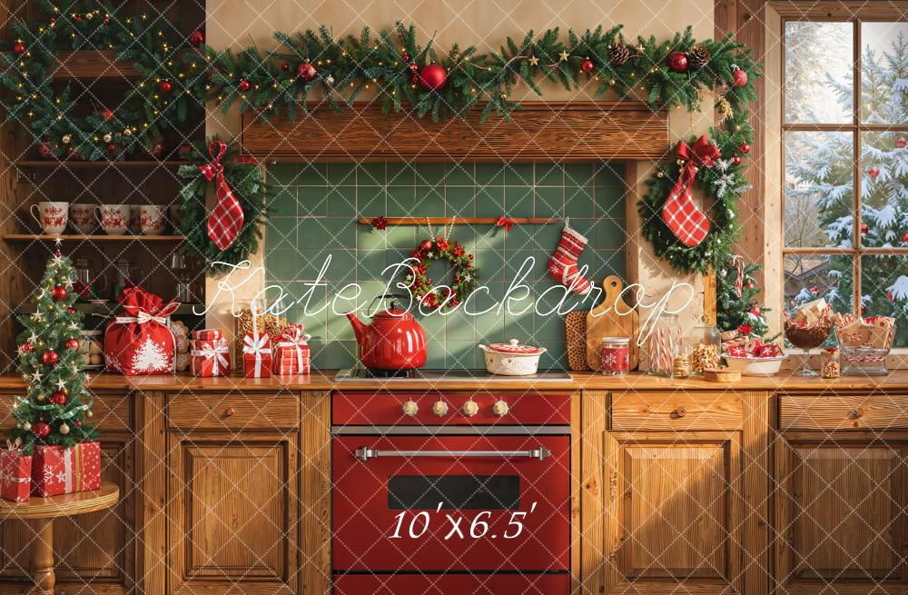Kate Christmas Kitchen Garland Decorations Fleece Backdrop Designed by Emetselch - Kate Backdrop AU