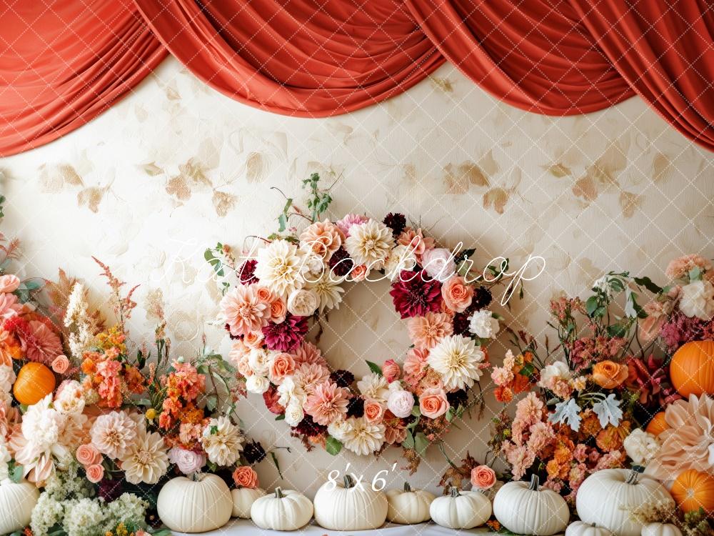 Kate Autumn Flowers Pumpkins Red Drapes Backdrop Designed by Patty Roberts