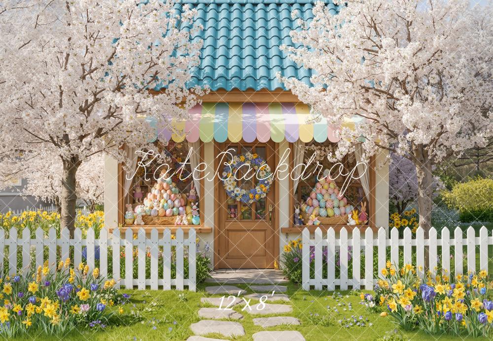 Kate Easter Bunny House Flowers Fleece Backdrop Designed by Emetselch
