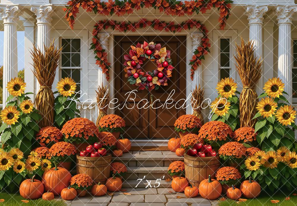 Kate Fall Porch Sunflowers Pumpkins Backdrop Designed by Mini MakeBelieve - Kate Backdrop AU