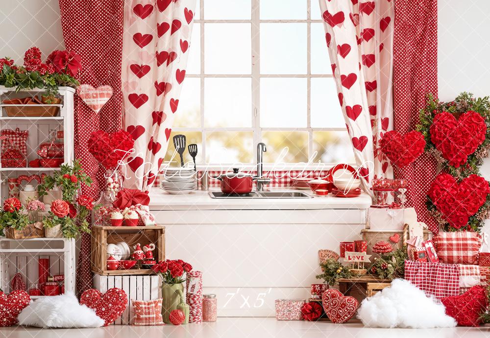 Kate Valentine's Day Kitchen Hearts Red Backdrop Designed by Emetselch