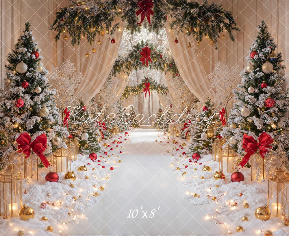 Kate Christmas Snowy Trees Red Bows Fleece Backdrop Designed by Emetselch - Kate Backdrop AU