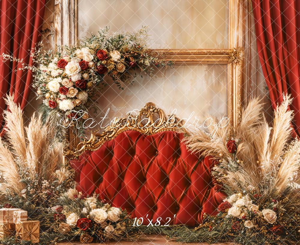 Kate Red Floral Vintage Pampas Headboard Backdrop Designed by Emetselch