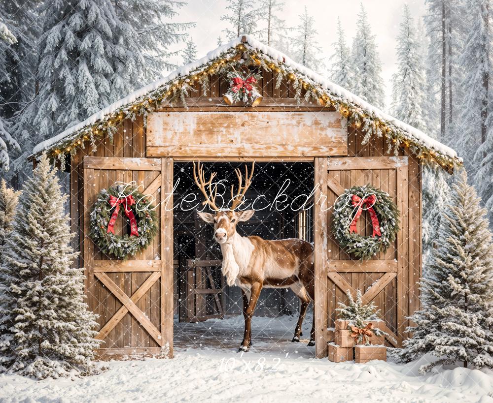 Kate Christmas Reindeer Wooden Barn Snow Trees Backdrop Designed by Emetselch