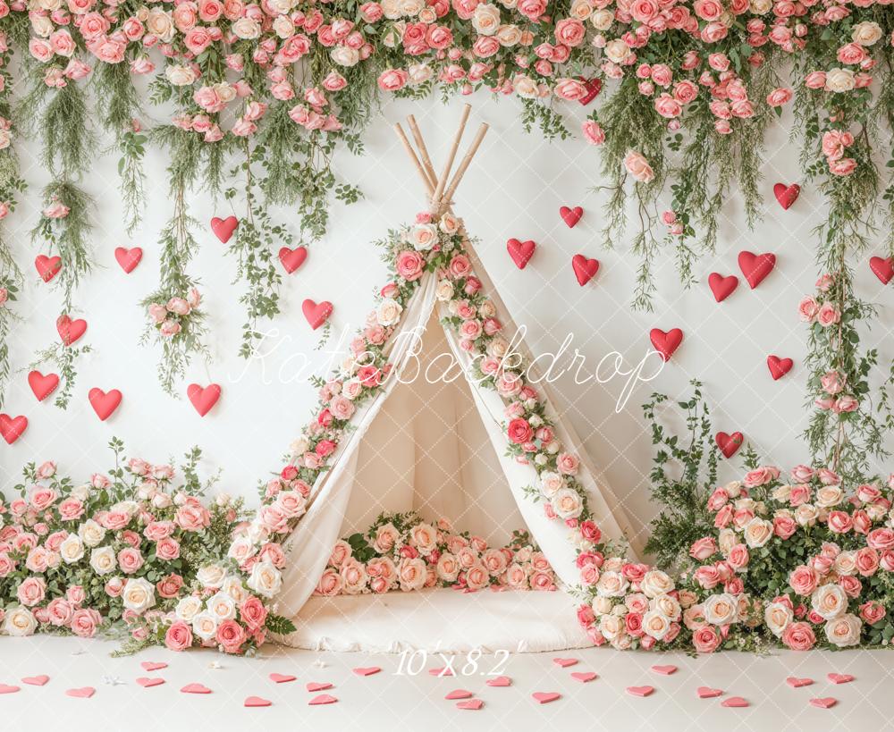 Kate Flower Teepee Pink Roses Hearts Backdrop Designed by Emetselch
