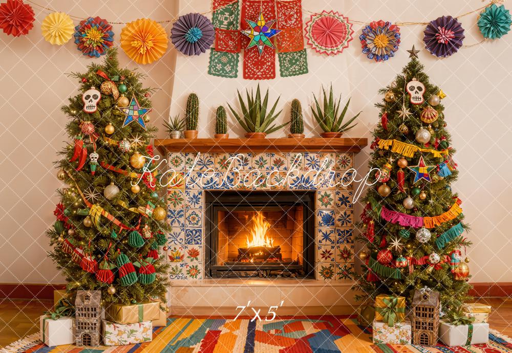 Kate Christmas Fireplace Colourful Trees Backdrop Designed by Emetselch