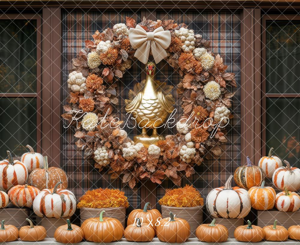 Kate Autumn Wreath Pumpkins Plaid Backdrop Designed by Mini MakeBelieve - Kate Backdrop AU