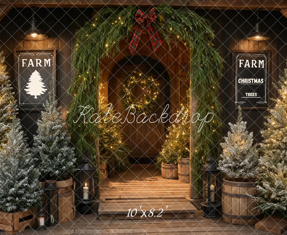 Kate Christmas Farm Pine Trees Fleece Backdrop Designed by Emetselch