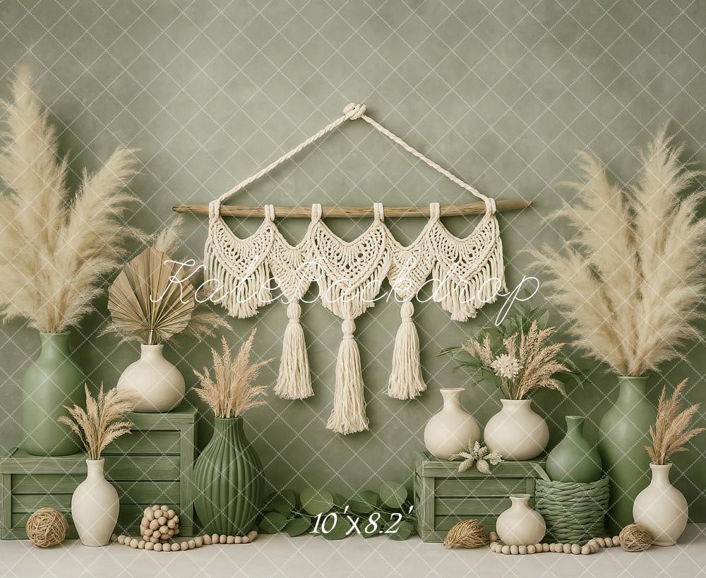 Kate Boho Macrame Pampas Grass Green Backdrop Designed by Ashley Paul