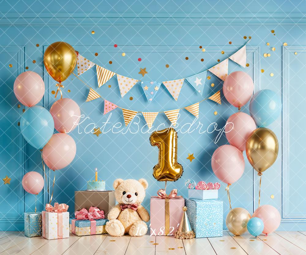 Kate Cake Smash Balloons 1st Blue Fleece Backdrop Designed by Chain