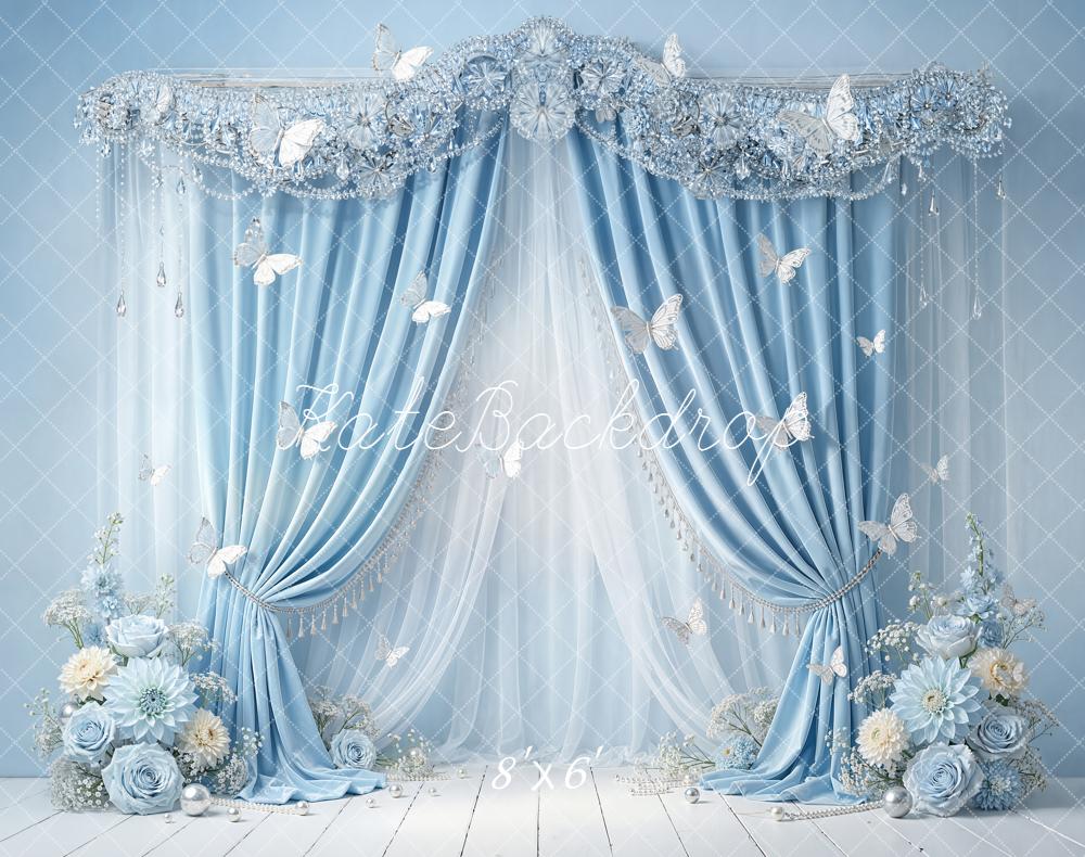 Kate Blue Curtain Floral Butterfly Elegant Backdrop Designed by Emetselch