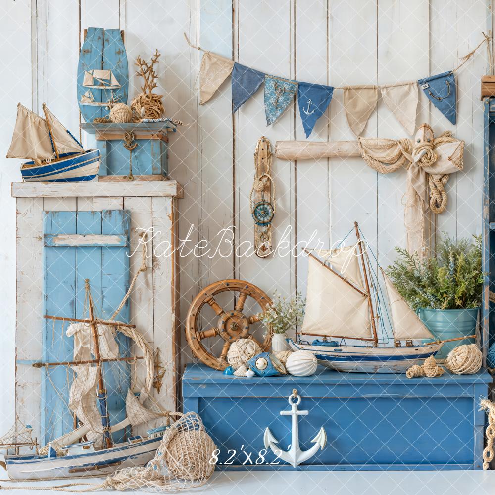 Kate Nautical Blue Sailboats Rope Decor Backdrop Designed by Emetselch