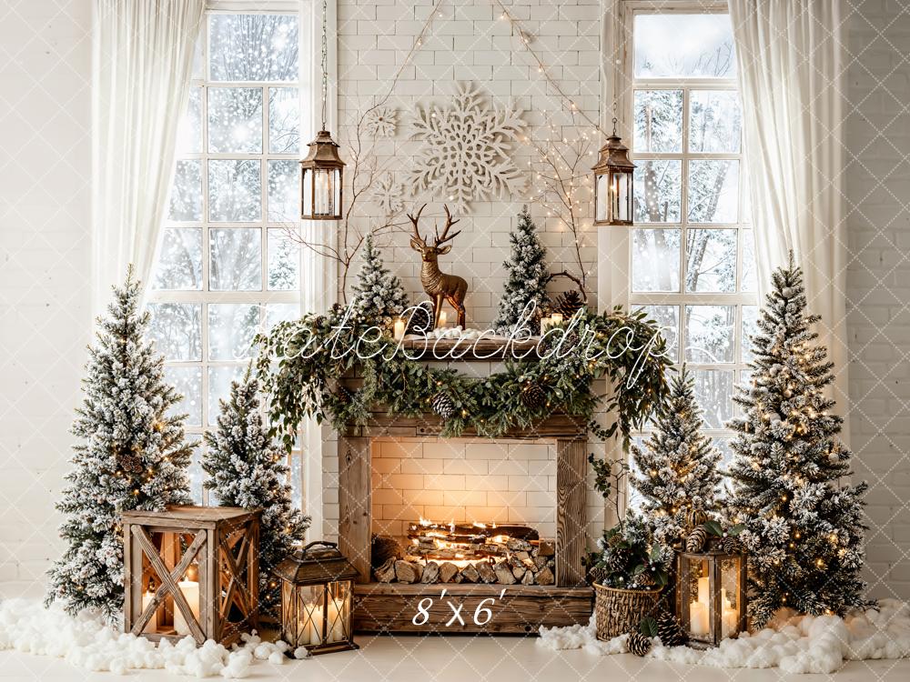 Kate Christmas Fireplace Snowy Trees Reindeer Fleece Backdrop Designed by Emetselch