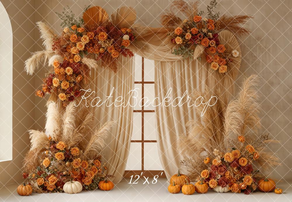 Kate Autumn Flower Arch Pampas Pumpkins Fleece Backdrop Designed by Emetselch