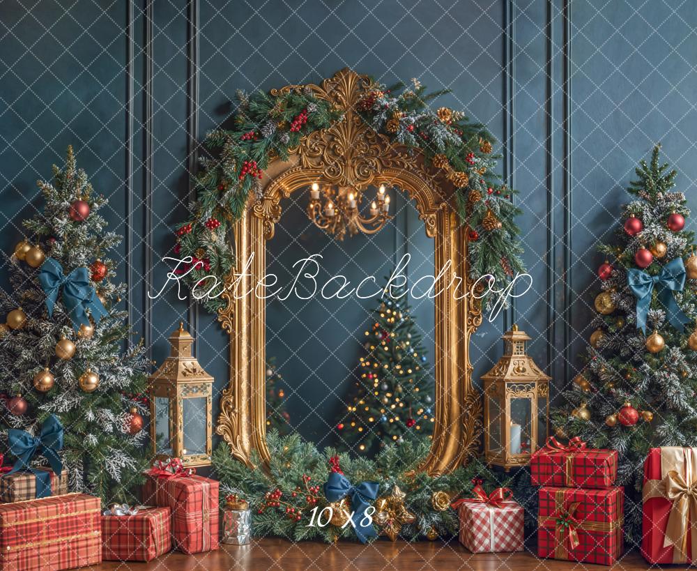 Kate Christmas Trees Gold Mirror Presents Fleece Backdrop Designed by Emetselch - Kate Backdrop AU