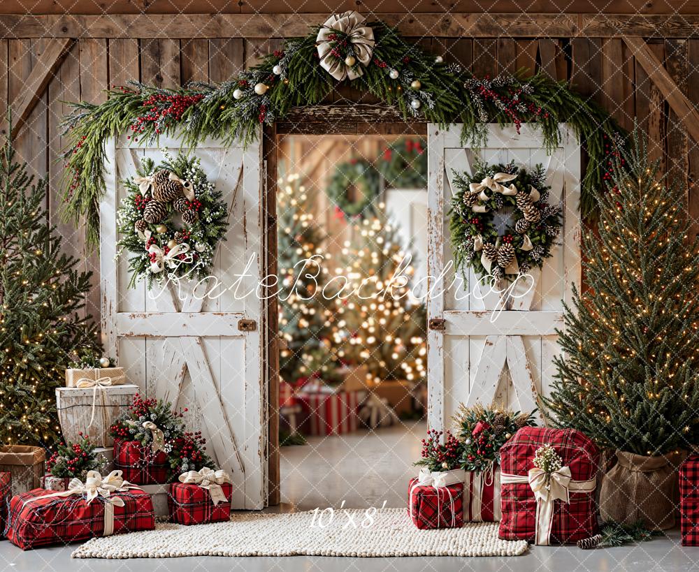 Kate Christmas Barn Door Wreaths Presents Fleece Backdrop Designed by Emetselch - Kate Backdrop AU