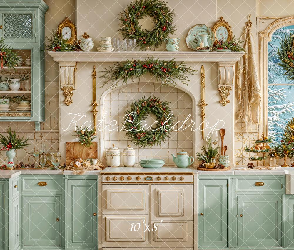 Kate Christmas Kitchen Wreath Green Fleece Backdrop Designed by Emetselch - Kate Backdrop AU