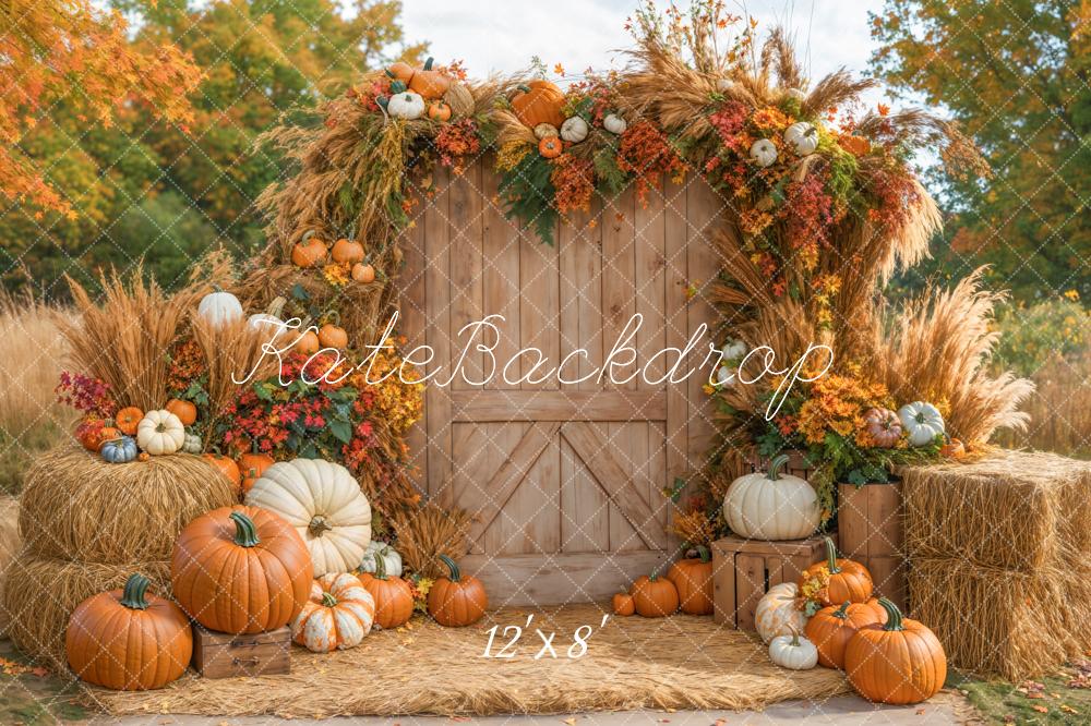 Kate Autumn Pumpkins Rustic Barn Door Fleece Backdrop Designed by Emetselch - Kate Backdrop AU