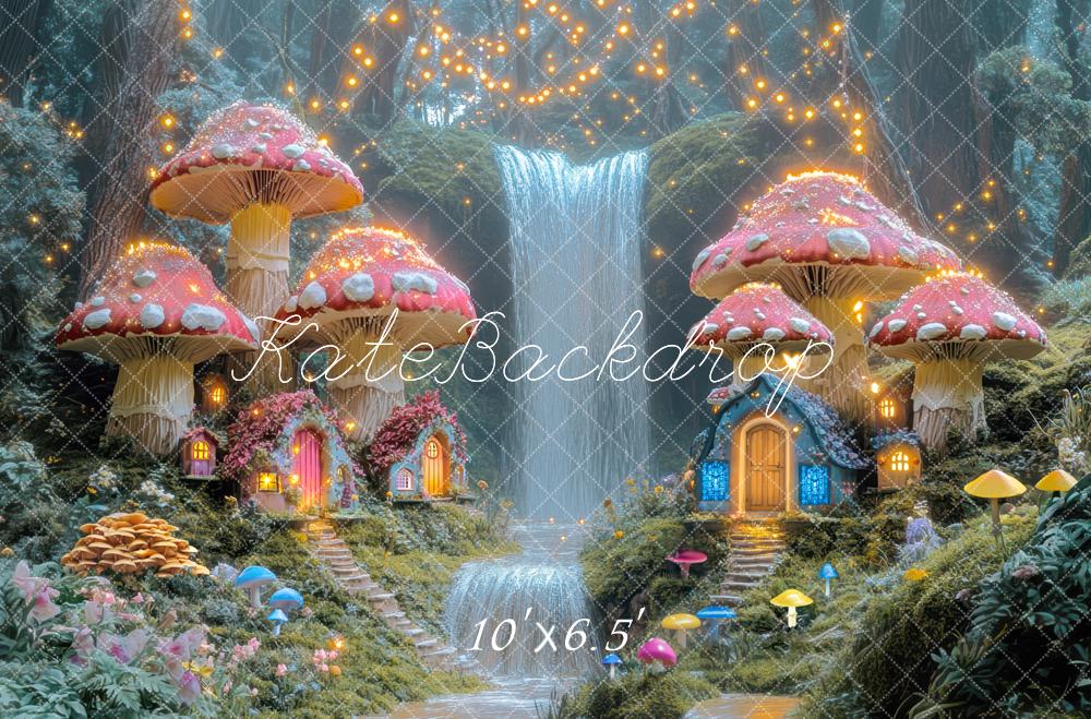 Kate Fairy Mushroom Houses Waterfall Backdrop Spring Designed by Mini MakeBelieve - Kate Backdrop AU