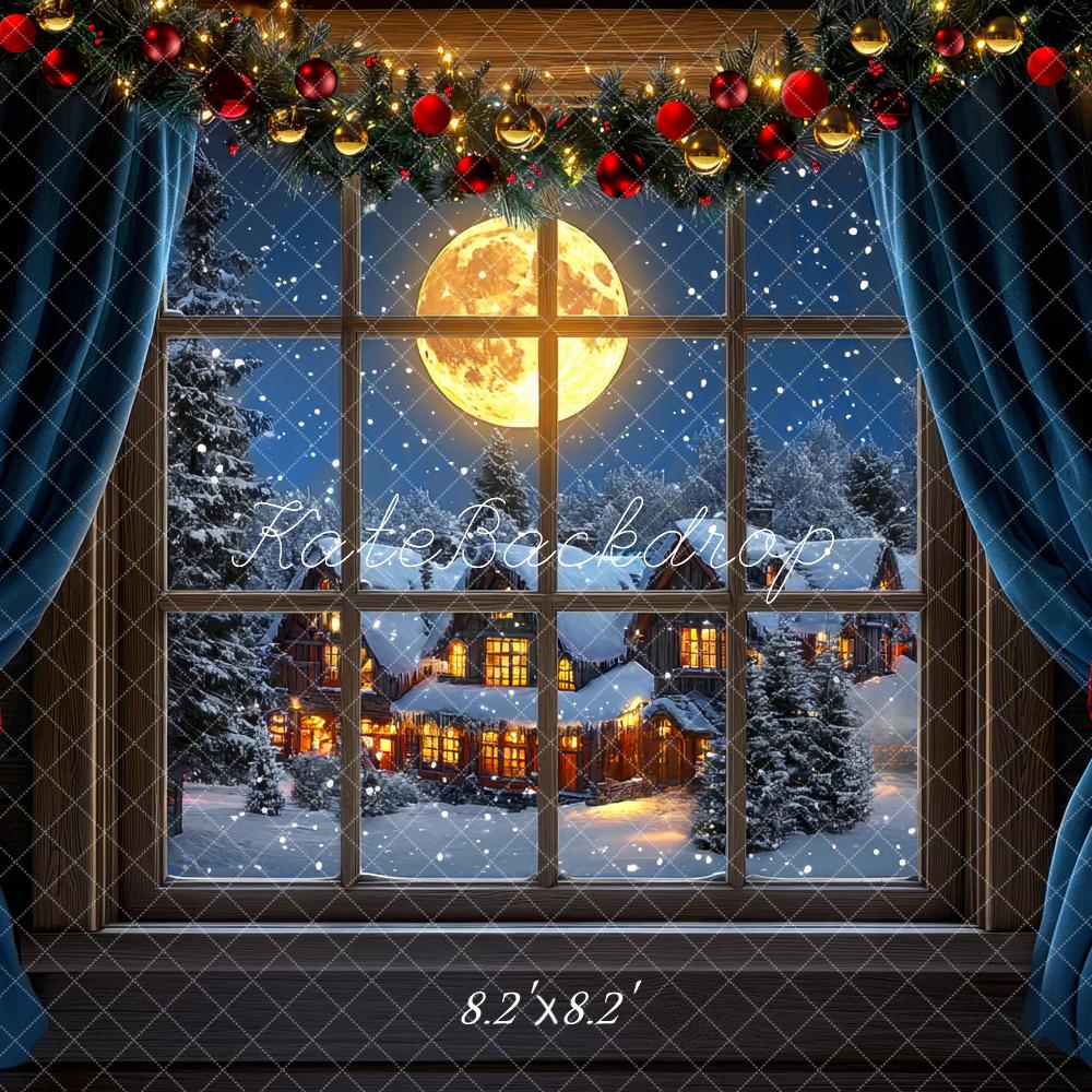 Kate Christmas Window Snowy Village Moon Backdrop Designed by Mini MakeBelieve - Kate Backdrop AU