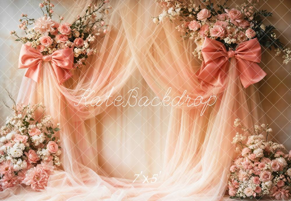 Kate Wedding Pink Flowers Drapes Bow Backdrop Designed by Emetselch