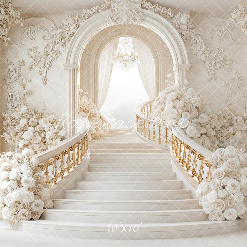 Kate Cascading Stairs Floral Arch White Backdrop Designed by Mini MakeBelieve - Kate Backdrop AU