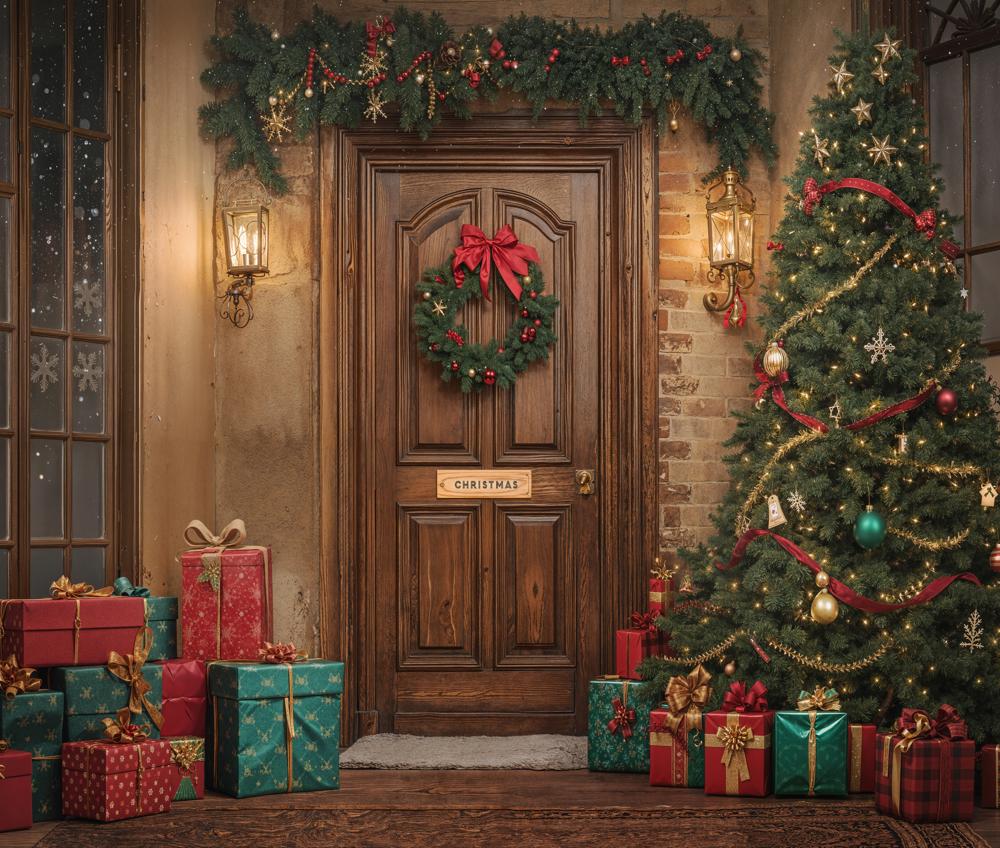 Kate Christmas Tree Wooden Door Fleece Backdrop Designed by GQ - Kate Backdrop AU