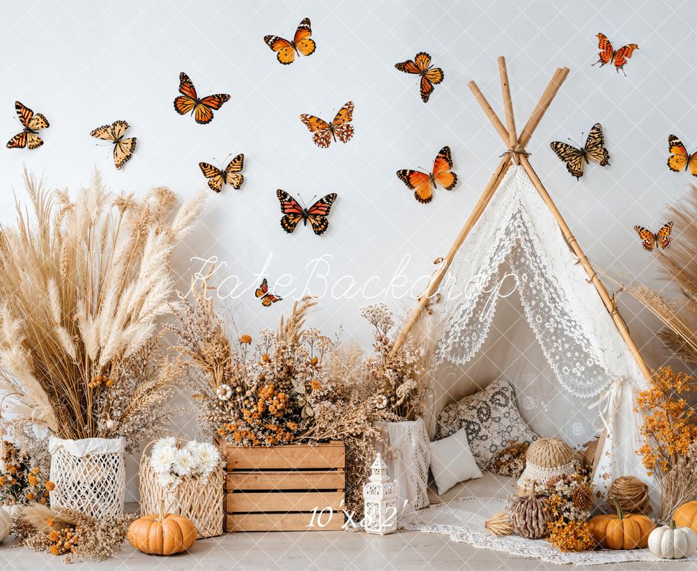 Kate Autumn Boho Teepee Butterflies Pumpkins Backdrop Designed by Emetselch - Kate Backdrop AU