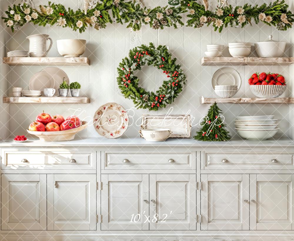 Kate Christmas Kitchen Wreath White Cabinet Backdrop Designed by Emetselch - Kate Backdrop AU