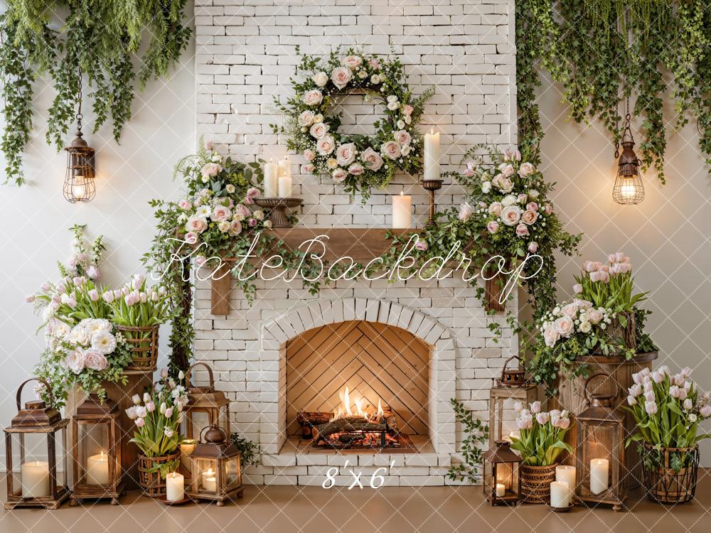 Kate Spring Brick Fireplace Flower Garland Candles Backdrop Designed by Emetselch