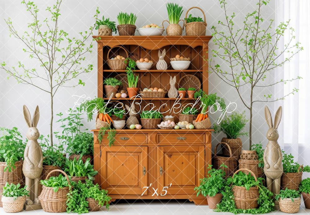 Kate Easter Bunny Cabinet Eggs Greenery Backdrop Designed by Patty Roberts
